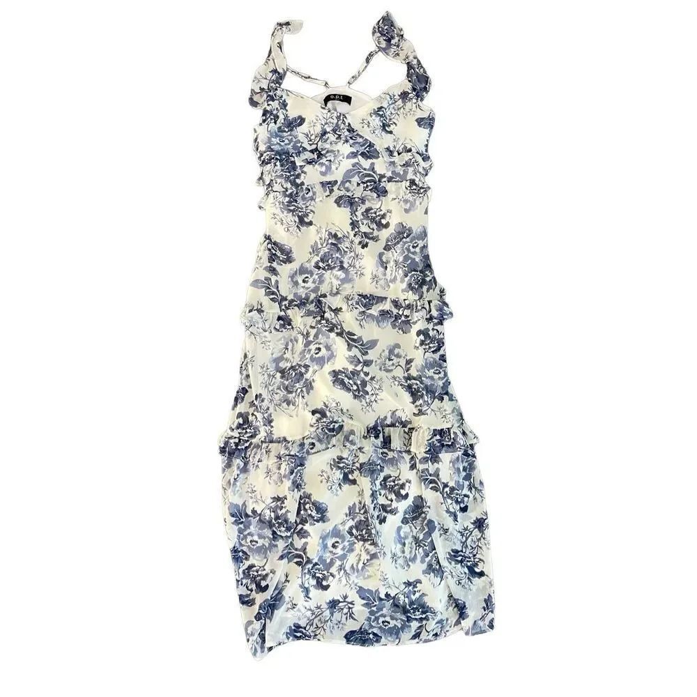 O.P. T blue floral midi dress with shoulder ruffles